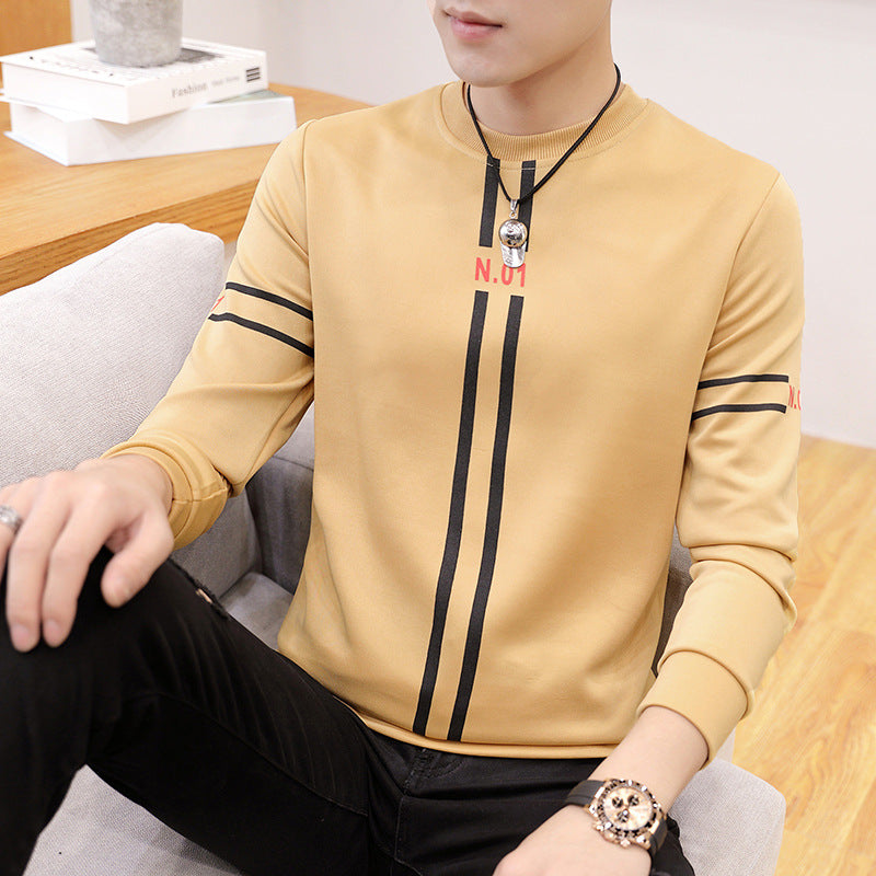 Spring and Autumn New mens printed long-sleeved T-shirt teen round neck bottom top fashion casual mens clothing