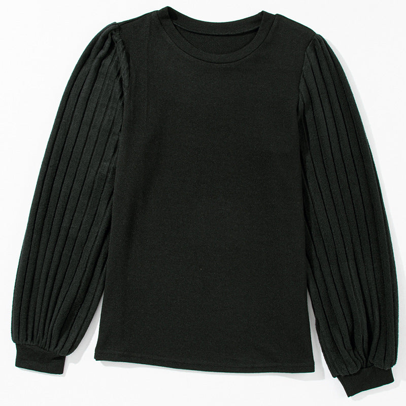 New Solid Color Simple T-shirt Female Spring Thread Sunken Stripe Long Sleeve Pullover Top