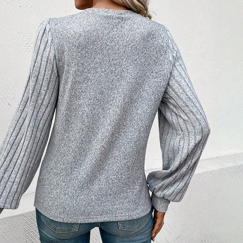 New Solid Color Simple T-shirt Female Spring Thread Sunken Stripe Long Sleeve Pullover Top