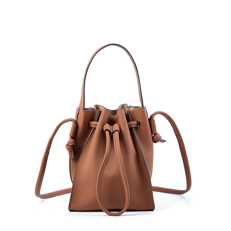 New Half-handmade Bucket Bag First Layer Soft Cowhide Drawstring Shoulder Bag For Women